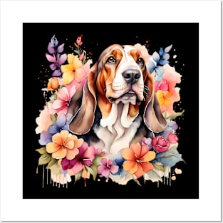 A basset hound decorated with beautiful watercolor flowers Posters and Art